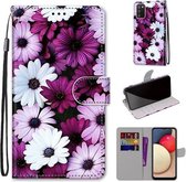 Voor Samsung Galaxy A02s / M02s Gekleurde tekening Cross Texture Horizontale Flip PU lederen tas met houder & kaartsleuven & portemonnee & lanyard (Chrysanthemum Pink White Purple)