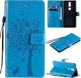 Voor Nokia 2.4 Tree & Cat Pattern Pressed Printing Horizontale Flip PU lederen tas met houder & kaartsleuven & portemonnee & lanyard (blauw)