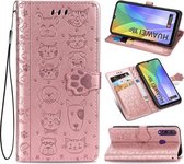 Voor Huawei Y6P Leuke Kat en Hond Reliëf Horizontale Flip Leren Case met Beugel / Kaartsleuf / Portemonnee / Lanyard (Rose Goud)