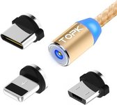TOPK 1m 2.4A Max USB naar 8-pins + USB-C / Type-C + Micro USB Nylon gevlochten magnetische oplaadkabel met LED-indicator (goud)