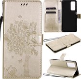 Voor Huawei Maimang 9 Boom & Kat Patroon Geperst Afdrukken Horizontale Flip PU Lederen Case met Houder & Kaartsleuven & Portemonnee & Lanyard (Goud)