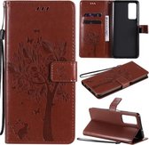 Voor Huawei Maimang 9 Boom & Kat Patroon Geperst Afdrukken Horizontale Flip PU Lederen Case met Houder & Kaartsleuven & Portemonnee & Lanyard (Bruin)
