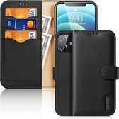 DUX DUCIS Hivo-serie koeienhuid + PU + TPU lederen horizontale flip-hoes met houder en kaartsleuven voor iPhone 12 mini (zwart)