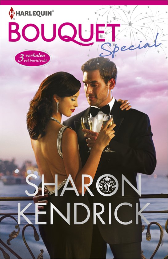 Koppel in smoking en avondjurk met glazen champagne, met vuurwerk op de achtergrond. Titel: Bouquet Special Sharon Kendrick.