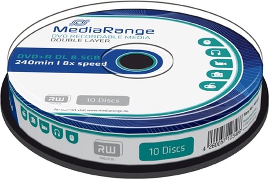 Cakebox met 10 MediaRange DVD+R DL discs. Bevat "DVD+R DL 8.5GB 240min I 8x speed" en pictogrammen.