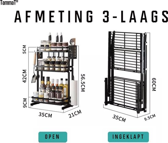 TammaT - Kruidenrek - Kruidenrek Staand - Inklapbare Keukenrek - 3-laags 35x21x56,5CM - Keuken Organizer - Aanrecht Organizer - Keuken Opslag - Roestvrij Staal - Opbergrek - Keuken organizers - Roestvrij en krasvrij