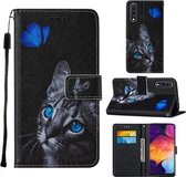 Voor Samsung Galaxy A50 / A50s / A30s Cross Texture Painting Pattern Horizontale Flip lederen hoes met houder & kaartsleuven & portemonnee & lanyard (Blue Butterfly Cat Eyes)