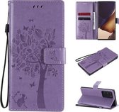 Voor Samsung Galaxy Note20 Ultra Tree & Cat Pattern Pressed Printing Horizontale Flip PU lederen tas met houder & kaartsleuven & portemonnee & lanyard (lichtpaars)