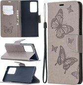 Voor Samsung Galaxy Note20 Ultra Embossing Two Butterflies Pattern Horizontale Flip PU Leather Case met houder & kaartsleuf & portemonnee & lanyard (grijs)