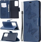 Voor Samsung Galaxy Note20 Ultra Embossing Two Butterflies Pattern Horizontale Flip PU Leather Case met houder & kaartsleuf & portemonnee & lanyard (blauw)