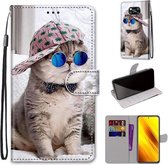 Voor Geschikt voor Xiaomi Poco X3 NPC Gekleurde Tekening Cross Textuur Horizontale Flip PU Lederen Case met Houder & Kaartsleuven & Portemonnee & Lanyard (Slant Hat Blue Mirror Cat