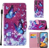 Voor Samsung Galaxy A21 Cross Texture Painting Pattern Horizontale Flip lederen tas met houder & kaartsleuven & portemonnee & lanyard (paarse vlinder)