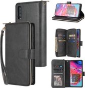 Voor Samsung Galaxy A70 Rits Portemonnee Tas Horizontale Flip PU Lederen Case met Houder & 9 Kaartsleuven & Portemonnee & Lanyard & Fotolijst (Zwart)