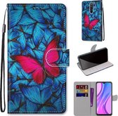 Voor Xiaomi Redmi 9 Gekleurde Tekening Cross Textuur Horizontale Flip PU Lederen Case met Houder & Kaartsleuven & Portemonnee & Lanyard (Blauw Rood Vlinder)
