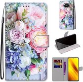 Voor Xiaomi Poco X3 NPC Gekleurde tekening Cross Texture Horizontale Flip PU lederen tas met houder & kaartsleuven & portemonnee & lanyard (lichtroze boeket)