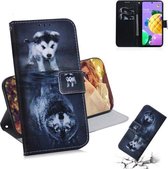 Voor LG K62 / K52 / Q52 Gekleurde tekening Horizontale flip lederen tas, met houder & kaartsleuven en portemonnee (Wolf en hond)