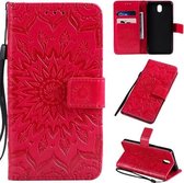 Voor LG K30 (2019) Geperst Afdrukken Zonnebloempatroon Horizontale Flip PU-lederen hoes met houder & kaartsleuven & portemonnee & lanyard (rood)