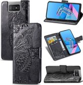 Voor Asus Zenfone 7 Pro ZS671KS Butterfly Love Flower Reliëf Horizontale Flip Leren Case met Beugel / Kaartsleuf / Portemonnee / Lanyard (Zwart)