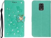 Voor Xiaomi Redmi Note 9 Pro horizontale strass vlinder reliëf lederen tas met kaartsleuf & portemonnee & houder (groen)