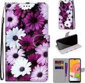 Voor Samsung Galaxy A01 Gekleurde tekening Cross Texture Horizontale Flip PU lederen tas met houder & kaartsleuven & portemonnee & lanyard (Chrysanthemum Pink White Purple)
