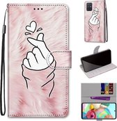 Voor Samsung Galaxy A71 Gekleurde Tekening Cross Textuur Horizontale Flip PU Lederen Case met Houder & Kaartsleuven & Portemonnee & Lanyard (Pink Hands Than Hearts)