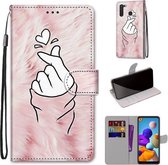 Voor Samsung Galaxy A21 Gekleurde Tekening Cross Textuur Horizontale Flip PU Lederen Case met Houder & Kaartsleuven & Portemonnee & Lanyard (Pink Hands Than Hearts)