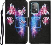 Voor Samsung Galaxy A52 5G Gekleurd tekeningpatroon Horizontaal Flip PU-lederen hoes met houder & kaartsleuven & portemonnee & lanyard (drie fluorescerende vlinders)