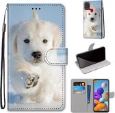 Voor Samsung Galaxy A21s Gekleurde Tekening Cross Textuur Horizontale Flip PU Lederen Case met Houder & Kaartsleuven & Portemonnee & Lanyard (Sneeuw Puppy)