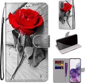 Voor Samsung Galaxy S20 Gekleurde Tekening Cross Textuur Horizontale Flip PU Lederen Case met Houder & Kaartsleuven & Portemonnee & Lanyard (Rode Roos Op Houten)