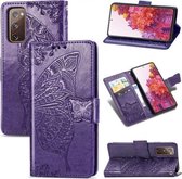 Voor Galaxy S20 FE / S20 Lite Butterfly Love Flower Reliëf Horizontale Flip Leren Case met Beugel / Kaartsleuf / Portemonnee / Lanyard (Donkerpaars)