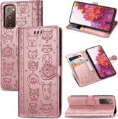 Voor Galaxy S20 FE / S20 Lite Leuke Kat en Hond Reliëf Horizontale Flip Leren Case met Beugel / Kaartsleuf / Portemonnee / Lanyard (Rose Goud)