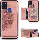 Voor Galaxy A21S Mandala reliëf magnetische stoffen hoes met houder & kaartsleuven & portemonnee & fotolijst (rose goud)