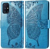 Voor Galaxy M51 Butterfly Love Flower reliëf horizontale flip lederen tas met beugel / kaartsleuf / portemonnee / lanyard (blauw)