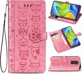 Voor Xiaomi Redmi 10X & Note 9 Mooie kat en hond reliëfpatroon Horizontale flip lederen tas, met houder & kaartsleuven & portemonnee & cartoon sluiting & lanyard (roze)