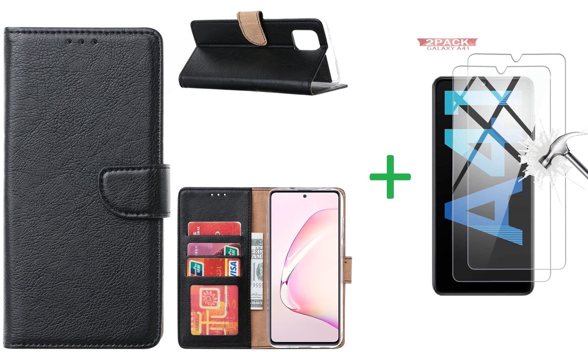 Hoesje Geschikt Voor Samsung Galaxy A41 Boek hoesje + 2X Screenprotector - Zwart