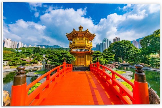 Forex - Oranje Brug naar Gouden Pagode in Nan lian tuin, Hong Kong - 60x40cm Foto op Forex