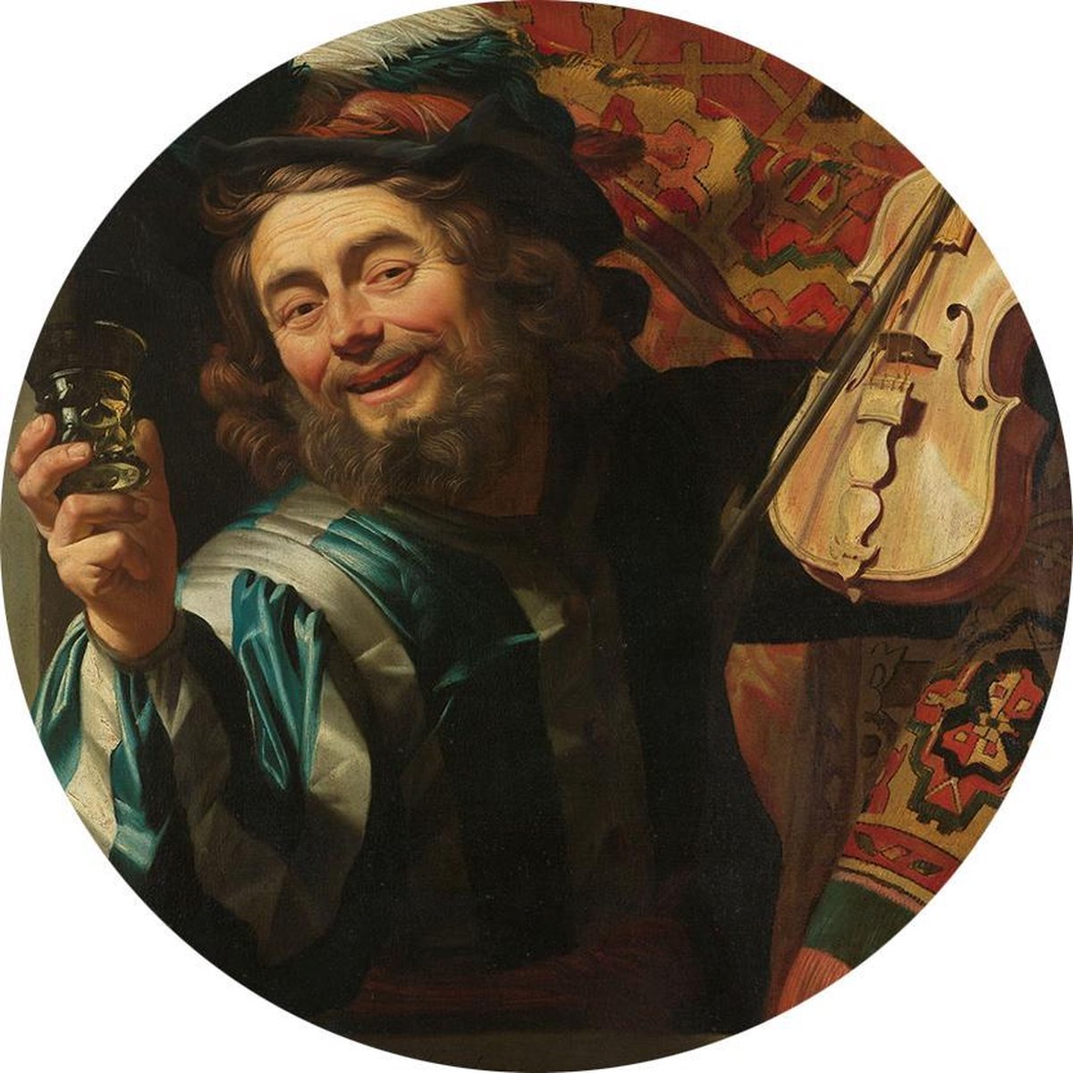 Een vrolijke vioolspeler, Gerard van Honthorst - Foto op Behangcirkel - ⌀ 60 cm