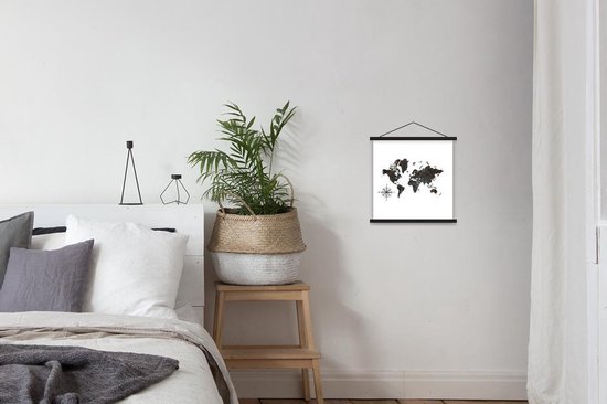 Affiche scolaire - Wereldkaart - Zwart - Boussole - 40x40 cm - Lattes noires