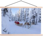 Posterhanger incl. Poster 90x60 cm - Schoolplaat - De kerstman op een rendierslee - Textielposter - Blanke latten
