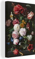Canvas Schilderijen - Stilleven met bloemen in een glazen vaas - Schilderij van Jan Davidsz. de Heem - 80x120 cm - Wanddecoratie