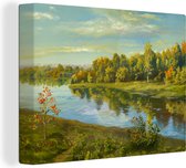 Canvas Schilderij Een illustratie van bomen aan een rivier - 80x60 cm - Wanddecoratie