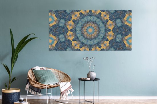 Canvas schilderij 160x80 cm - Wanddecoratie Cirkel - Blauw - Mandala - Muurdecoratie woonkamer - Slaapkamer decoratie - Kamer accessoires - Schilderijen op canvas