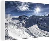 Canvas Schilderij Uitzicht vanaf de berg Gornergrat in de Zwitserse Alpen naar de Aletschgletsjer - 90x60 cm - Wanddecoratie