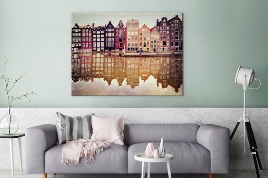 Réflexion des façades typiques dans l'eau en toile 180x120 cm - Tirage photo sur toile peinture Décoration murale salon / chambre à coucher) / Villes toile Peintures XXL / Groot format!