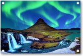 Noorderlicht - bij Kirkjufell in IJsland - Tuinposter 120x80 - Wanddecoratie - Landschap - Sterren - Natuur
