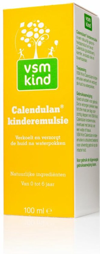 Gele doos van VSM Calendulan kinderemulsie, 100 ml. "Verkoelt en verzorgt de huid na waterpokken".