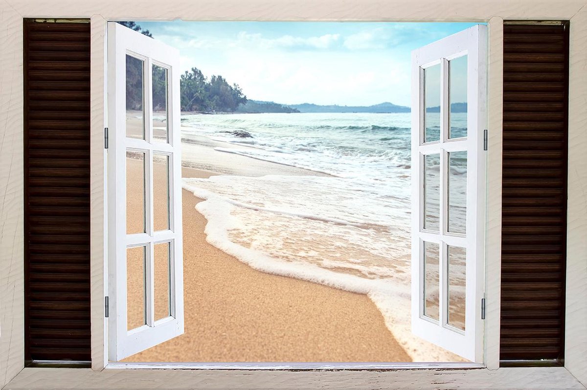 Tuindoek doorkijk openslaand venster naar een Tropisch / Eiland / Strand - 150x100cm - tuinposter - tuinposter doorkijkje – Doorkijk tuinposter - tuinposter doorkijk XL – Tuinposter Voor Buiten