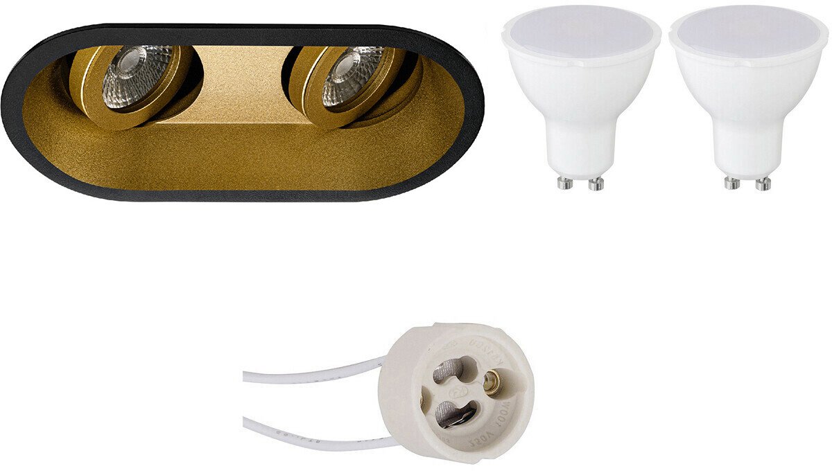 GU10 Inbouwspot Set - Mat Zwart/Goud - Kantelbaar - Pragmi Zano Pro - Inbouw Ovaal Dubbel - 4W - Warm Wit 3000K - 185x93mm