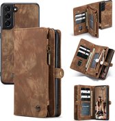 Samsung Galaxy S21 FE Bookcase hoesje - CaseMe - Effen Bruin - Leer - Portemonnee met 11 Vakjes voor Pasjes en Ritsvak