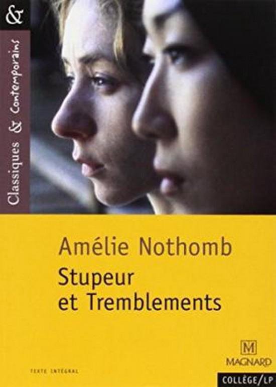 Livre 'Stupeur et Tremblements' par Amélie Nothomb, avec un gros plan de deux visages.